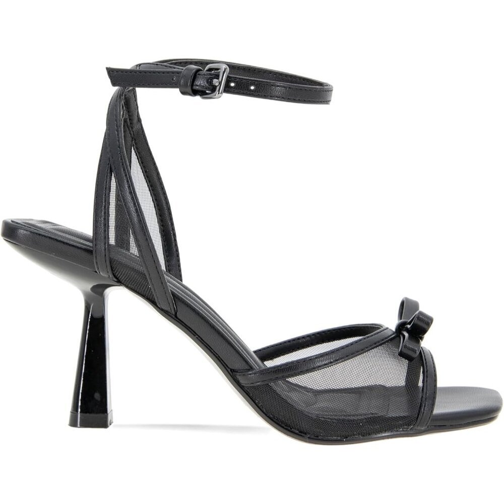 Women's Black Buckle Rino Flared Padded Footbed Heeled Sandal Square Toe Shoes - Picture 6 of 7